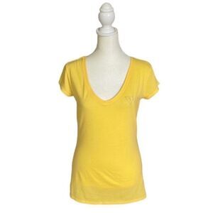 Guess Y2K Vibrant Yellow w/ Rhinestone Logo V-Neck T-Shirt Size Medium